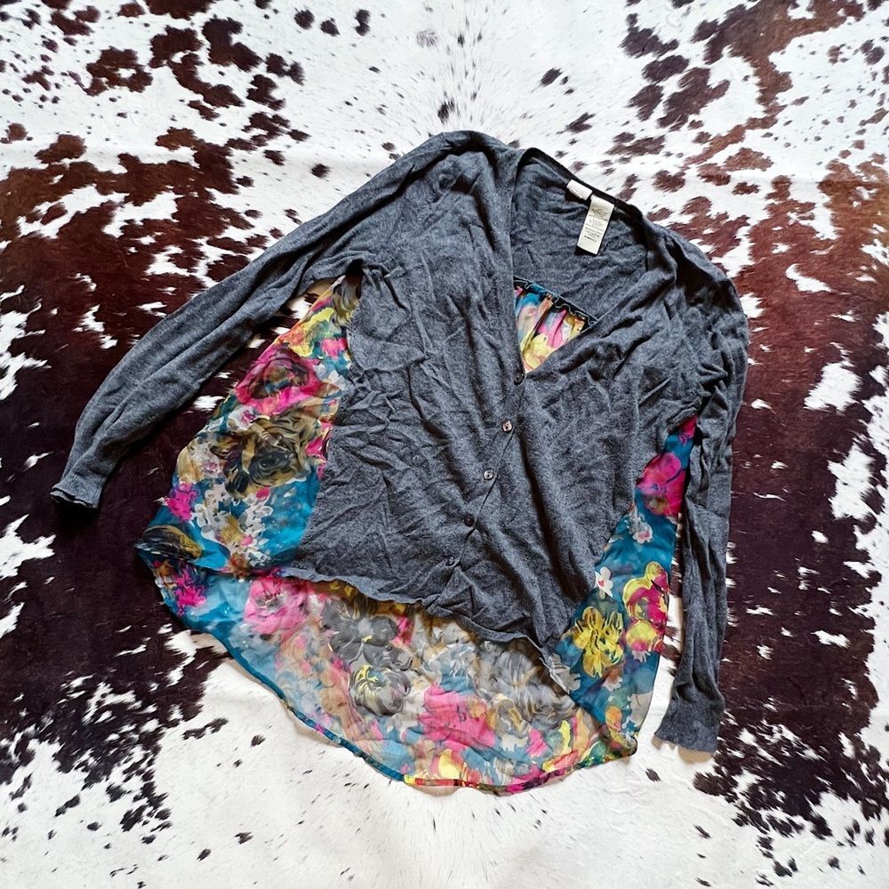 Anthropologie Yellow Bird Gray Floral Sheer Cardigan Sz S